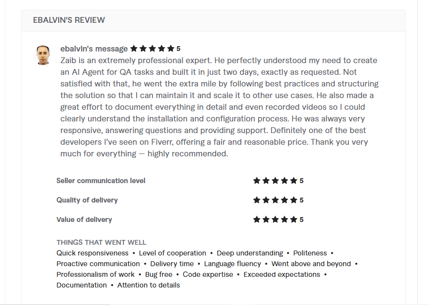 5-star client review from Colombia for Zaib Agency AI Automation